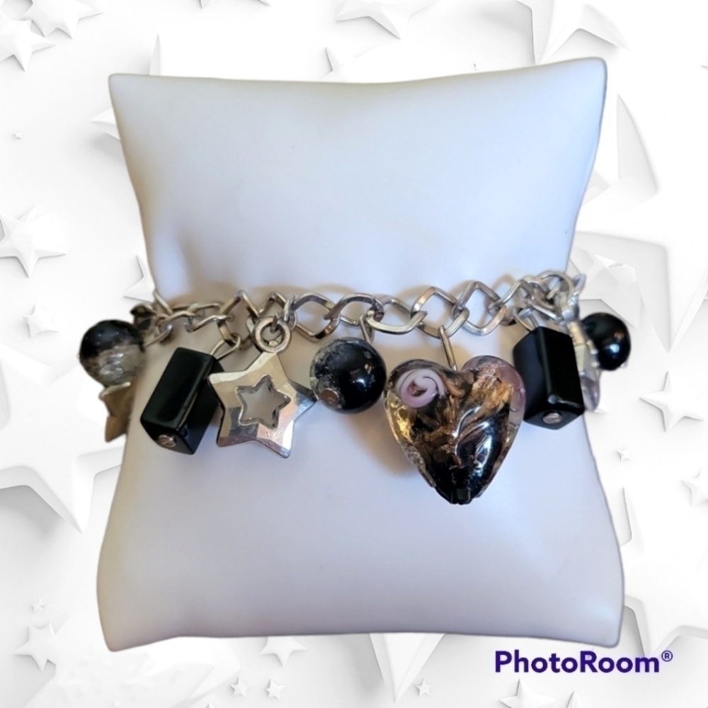 Black Beaded Lampwork Heart Celestial Bauble Charm Chain Bracelet Anklet